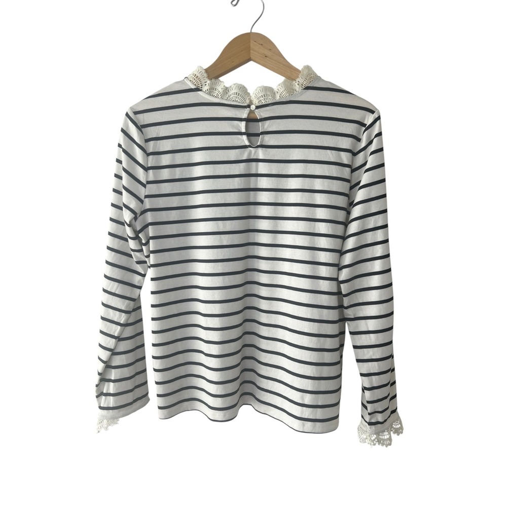 Talbots Striped Lace Trim Mock Neck Top Black White Cotton Long Sleeve Large L - Picture 2 of 8